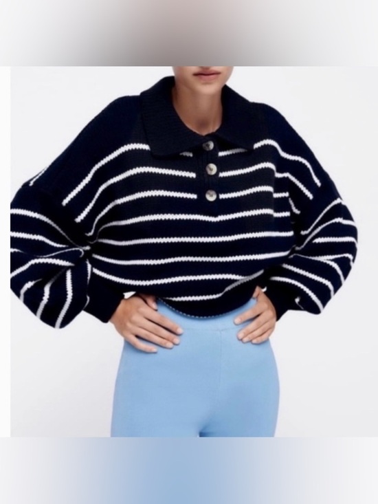 Zara Sweaters - Zara Polo Style Navy and White Sweater Nautical Coastal Grandma Knit Sz M